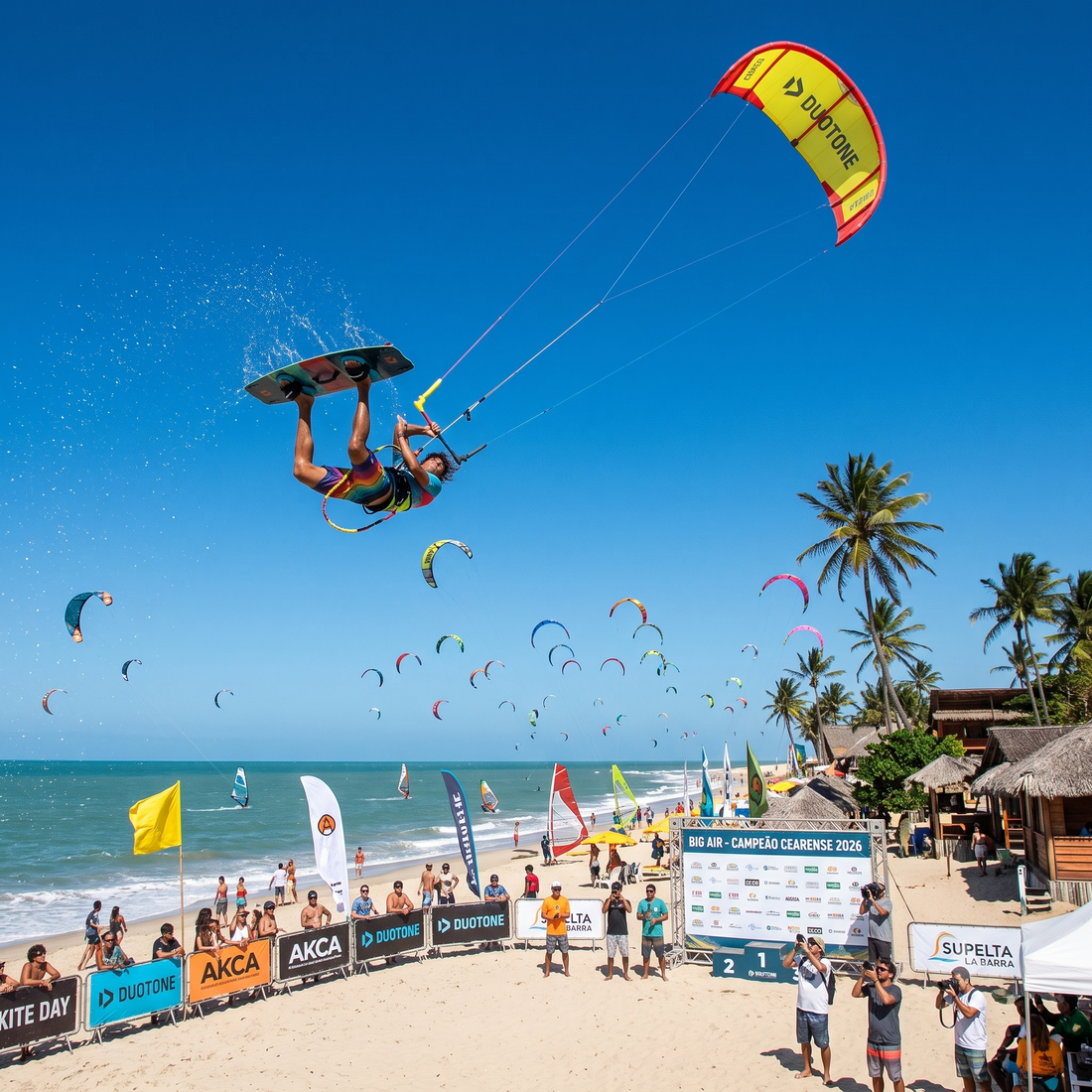 Nuestraos riders Joao filho, José Luis y Douglas Lopes tocan el cielo en el Kite Day 2026 de Cumbuco